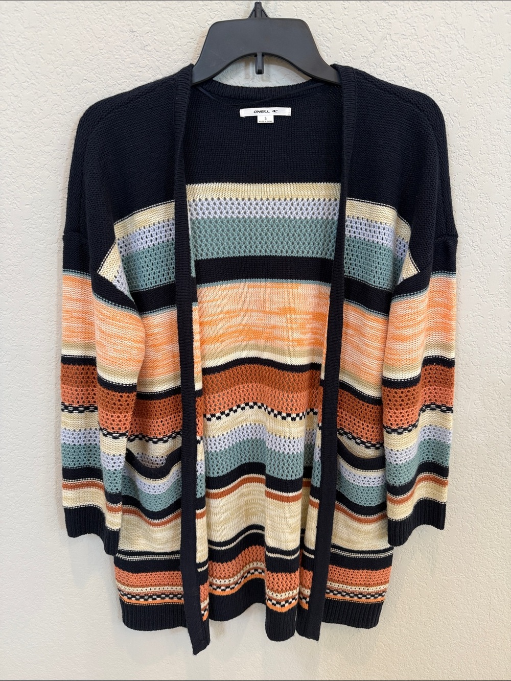 O’Neill Navy Multicolor Open-Front Striped Knit Cardigan